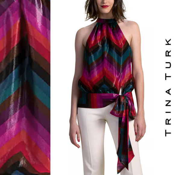 TRINA TURK Silk-Blend Champagne Shimmer Striped Tie-Front Halter Top NWT Small - Picture 16 of 16